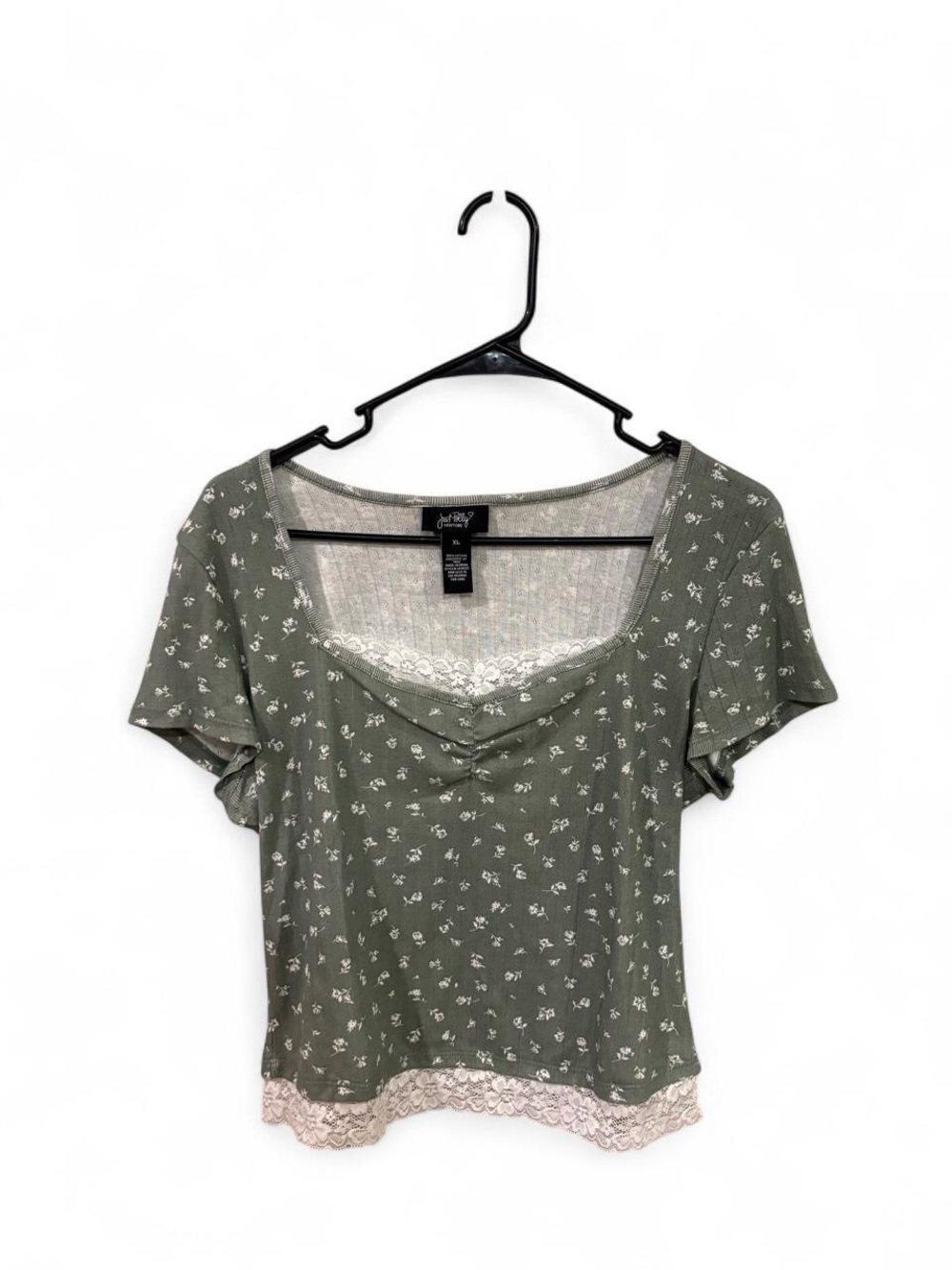 Just Polly Olive Green Floral Lace-Trim Square Neck Top